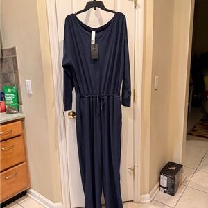 Fabletics Navy Long Sleeve Jumpsuit - Drawstring Waist Tall